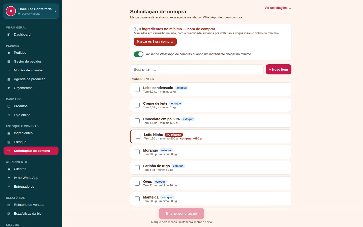 Solicitação de compra no computador
