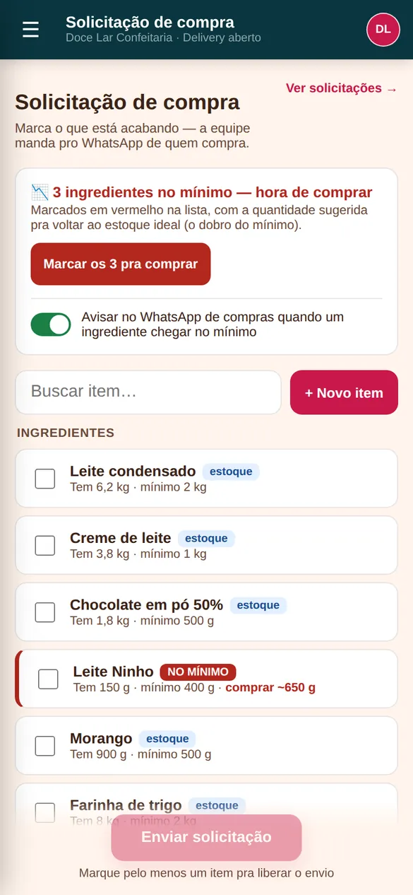 Solicitação de compra no celular