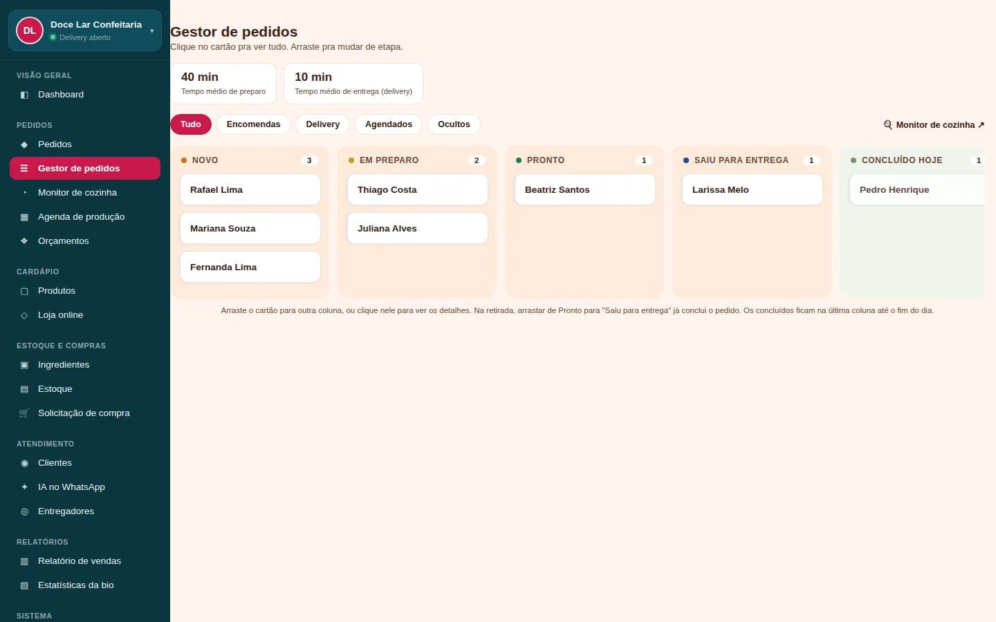 Gestor de pedidos no computador