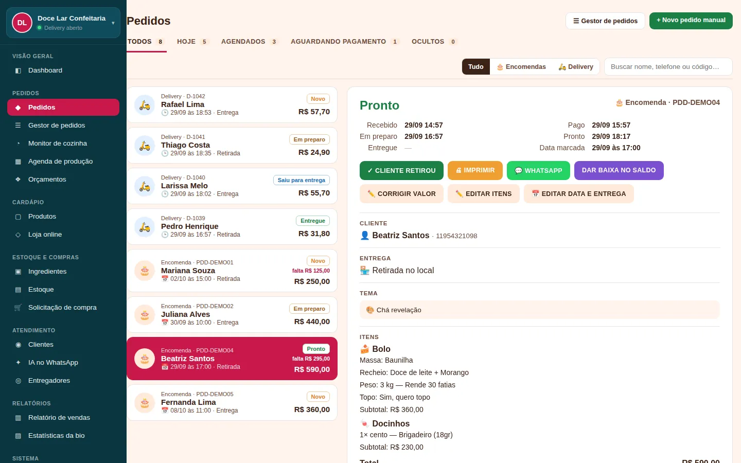 Tela de pedidos no computador