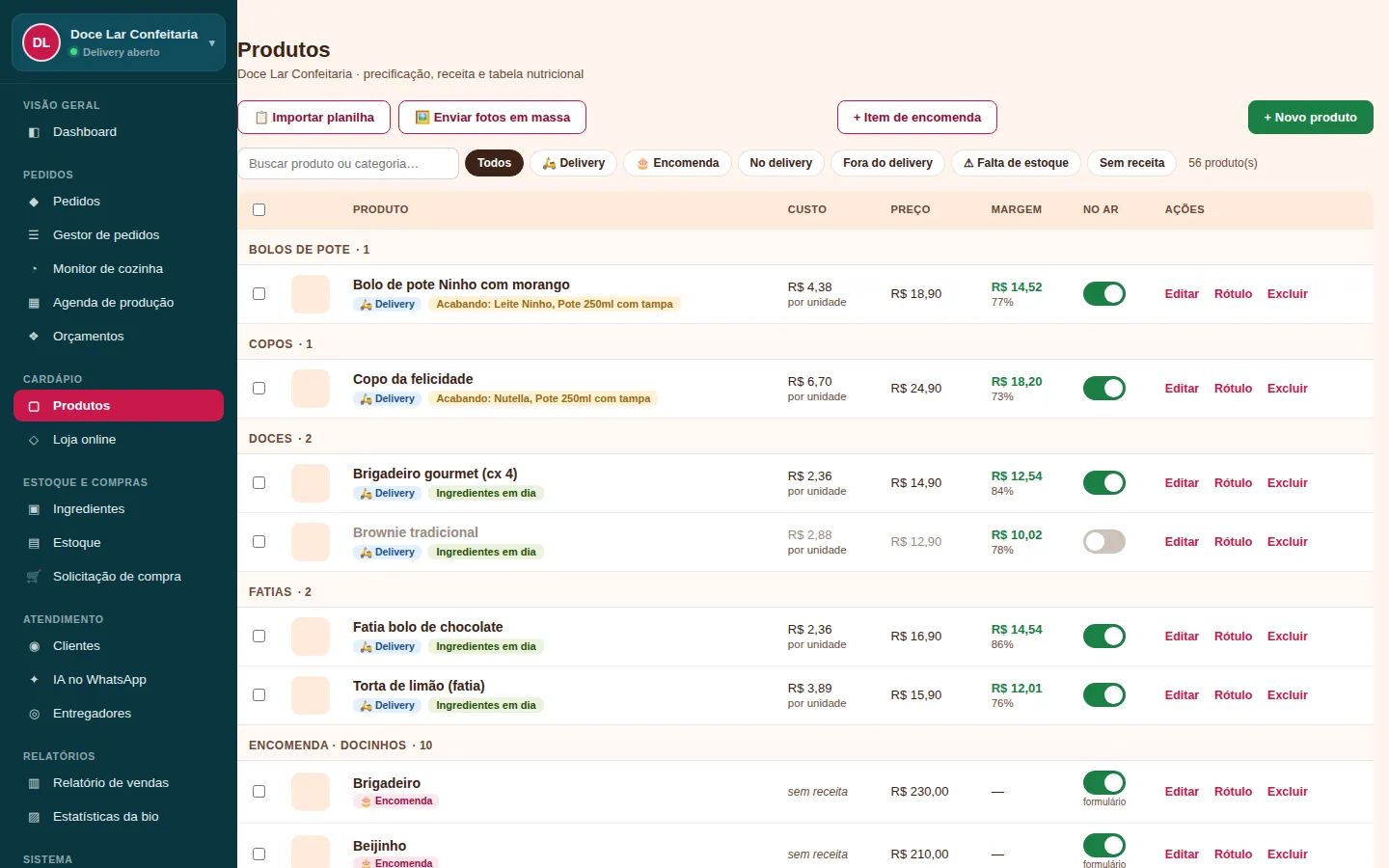 Tela de produtos no computador